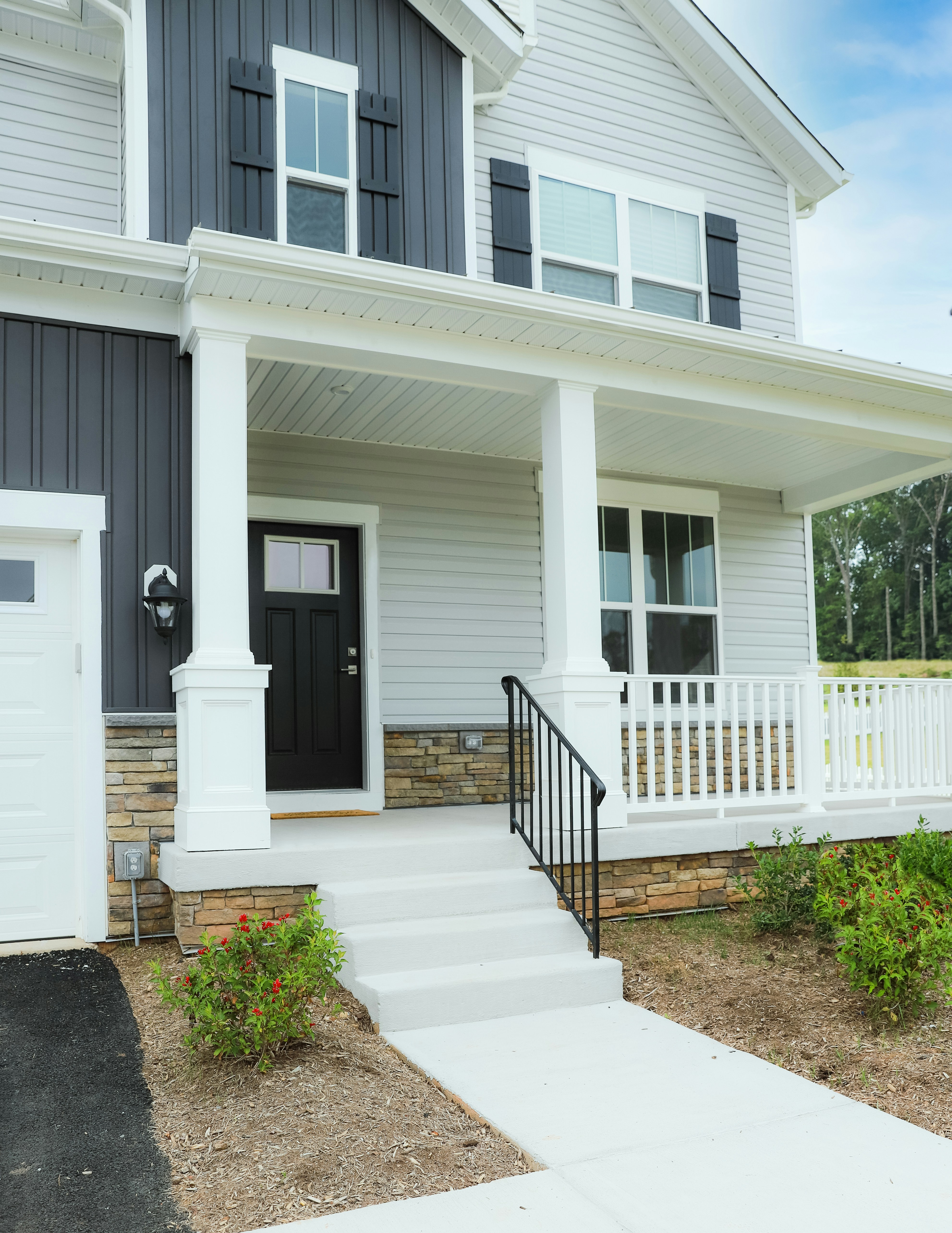 Modern home exterior with white and dark gray siding